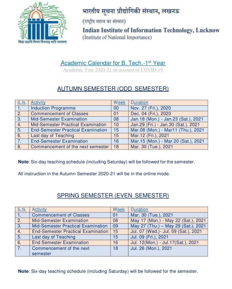 Academic Calendar for B Tech 1st year Indian Institute of
